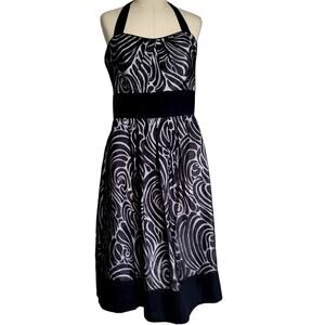 White House Black Market Black & White Halter Cocktail Dress Sz 10 Sheer Overlay